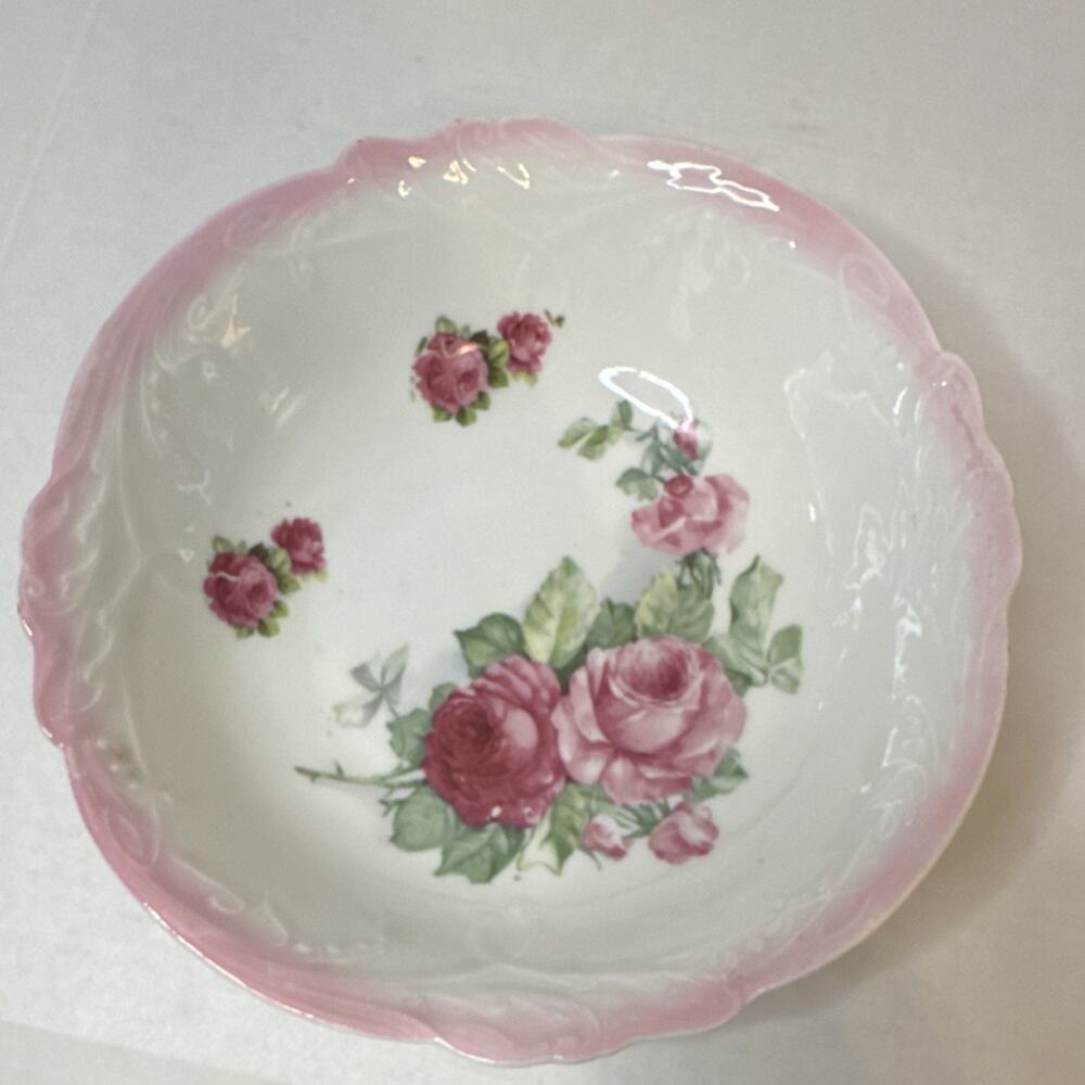 Bavaria Porcelain Floral Serving Bowl Pink Rim Glossy Decorative Round